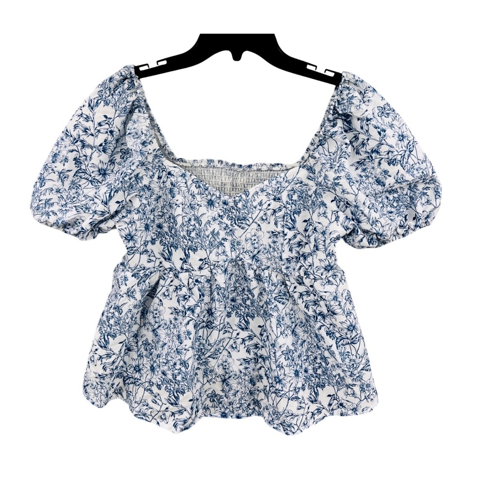 SHEIN Cottagecore Coquette Floral Peplum Top S‎ Blue White Smocked Puff Sleeve